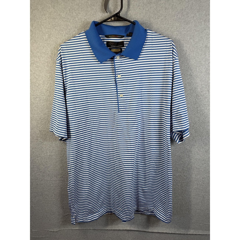 Greg Norman Polo Shirt Mens Large Blue Striped PlayDry Golf Performance Casual